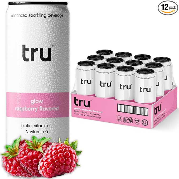 Tru Glow Seltzer, Sparkling Water with Biotin, Vitamin C, Vitamin A & Real Raspberry Juice, Sweetened with Monk Fruit & Stevia, Gluten Free, Vegan, Caffeine & Sugar Free, 12 FL OZ Cans, 12 Pack