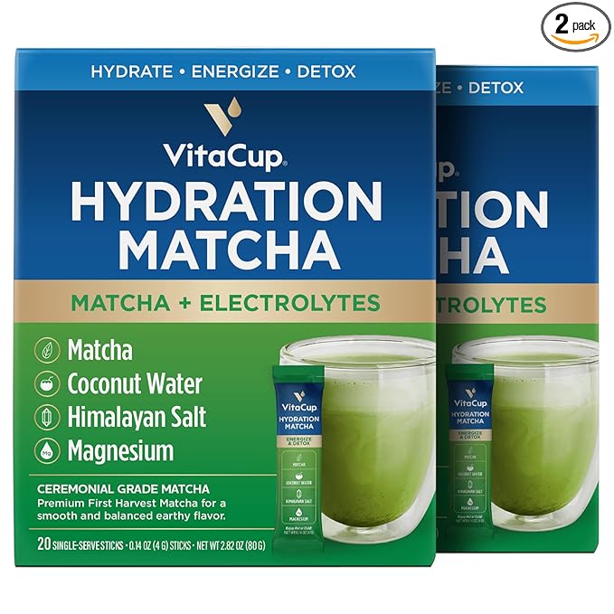 VitaCup Hydration Matcha Instant Packets, for Natural Energy and Detox, w/Electrolytes, Ceremonial Grade Organic Matcha, Coconut Water, Pink Himalayan Salt, Magnesium, in Single Serve Sticks, 40 Ct