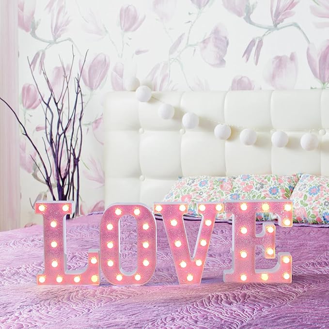 Foaky Pink Light up Letters，Pink Party Decorations,Girls Room Decor,Glitter Light Up Letters,Alphabet Letter Sign for Night Light Birthday Party Girls Gifts, Home Bar Decoration（J）