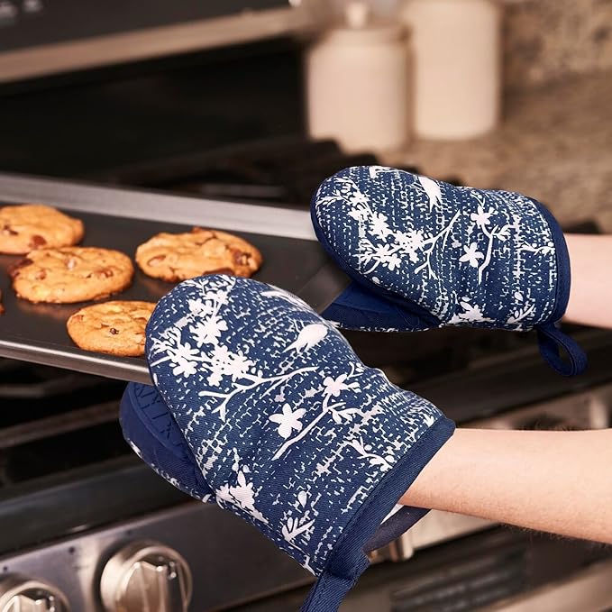 Mini Silicone Oven Mitts, Heat and Slip Resistant Kitchen Gloves 2-Pack Set, Birds Flower Soft Short Oven Mittens, Flexible Thick Pot Holders for Safe Cooking Baking and Grilling (Navy)