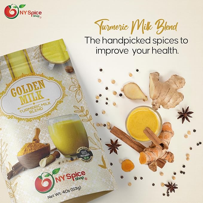 NY SPICE SHOP Golden Milk Superfood Powder – 4 Oz (Ounce) Instant Latte Mix Superfood with Turmeric - Superfood Blend of Turmeric, Cinnamon, Ginger, Black Pepper, Nutmeg, Green Cardamom