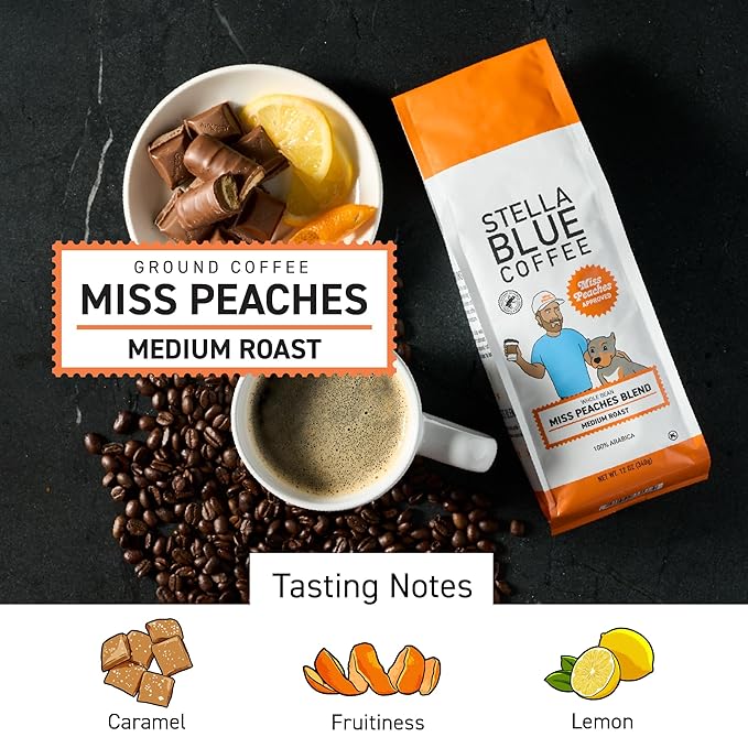 Stella Blue Ground Coffee, Miss Peaches Blend, Medium Roast, Citrus, Caramel and Fruity Notes, 100% Arabica, Ethically Sourced from Central and South America, 12 oz bag