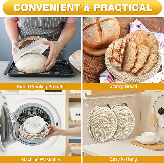Banneton Bread Proofing Basket Set of 2, 9 Inch & 10 Inch Round Cotton Rope Sourdough Bread Baking Supplies Proofing Bowls with Liners & Covers Gifts for Bakers Women Wife Mom