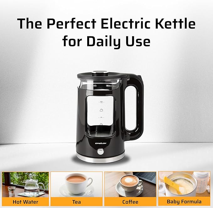Epsilon 1.7L Glass Electric Kettle – Hot Water Tea Kettle with LED Light, Stainless Steel & Borosilicate Glass, Auto Shut-Off, BPA-Free Electric Teapot, 1500W Fast Boil, Cool Touch