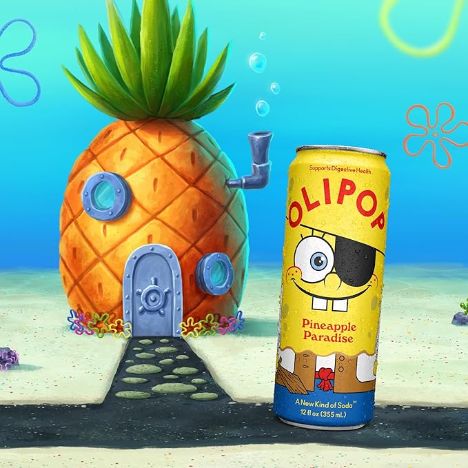 OLIPOP Prebiotic Soda Pop, SpongeBob Pineapple Paradise, Pantry Pack Packed with Prebiotics, Fiber, and Botanicals, Gluten Free, Vegan, GMO Free, 12oz Skinny Can (12-Cans)