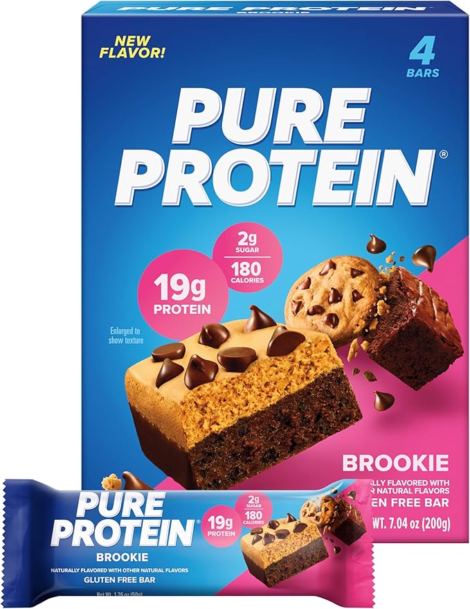 Pure Protein Bars, High Protein, Nutritious Snacks to Support Energy, Low Sugar, Gluten Free, Brookie, 1.76oz, Pack of 4