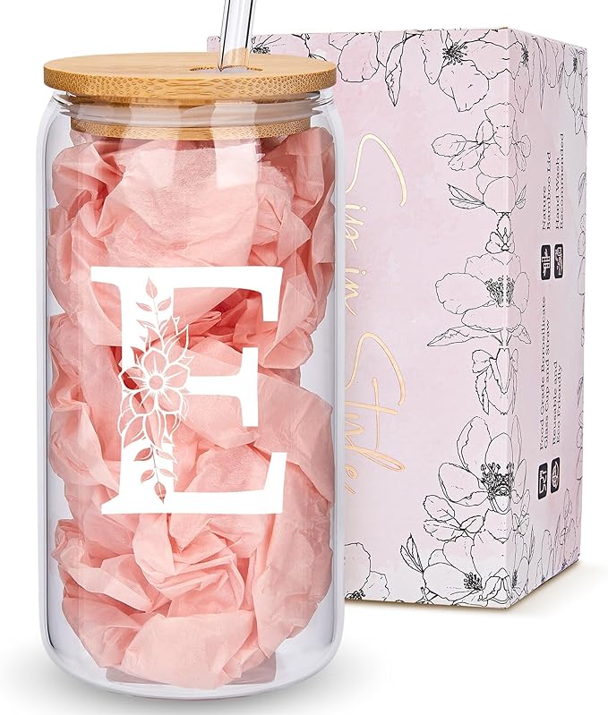 Personalized Gifts for Women, Monogrammed Glass Cups with Lids and Straws, Custom Tumbler, Cute Customized Mug, Aesthetic Stuff, Initial Iced Coffee Cup, Drinking Glasses, Birthday Teacher Gifts, E