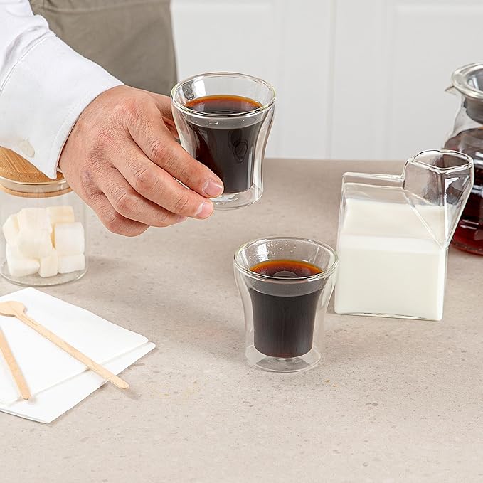 Restaurantware-Forma Professional 3.4 oz Double Wall Shot Glasses, 12 Insulated Espresso Cups - Dishwashable, Reusable, Clear Glass Coffee Cups, Freezable, For Hot Or Cold Beverages