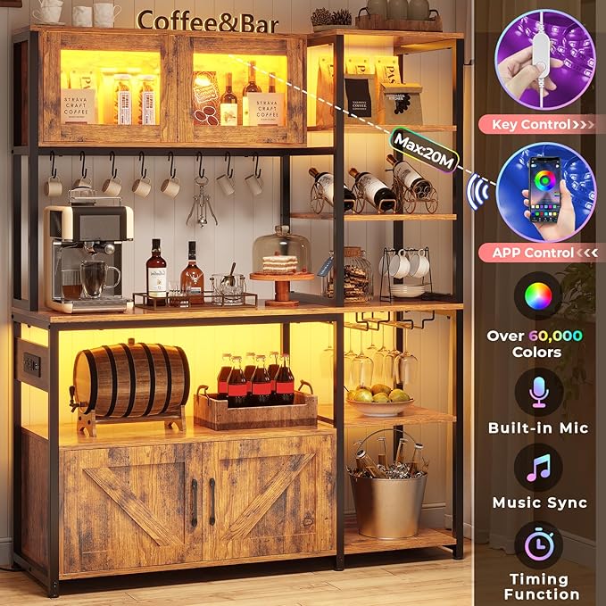 Itaar Bakers Rack with Power Outlet and LED Light, 45.3 Inch Farmhouse Coffee Bar Cabinet, Kitchen Microwave Stand with Storage, Glass Cabinet, Goblet Holder and 8 Hooks (Rustic Brown)