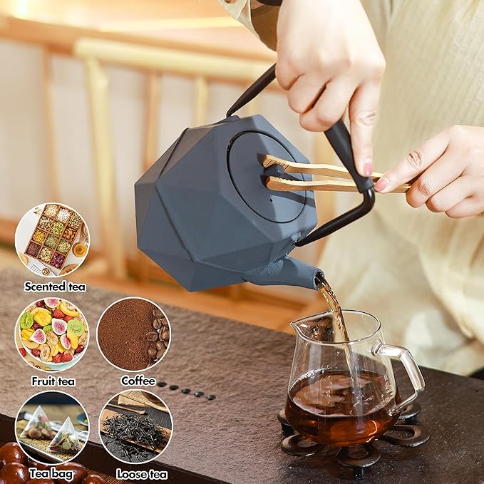 Cast Iron Teapot, 35oz Tea Kettle Stovetop Safe with Infuser for Tea Coffee, Japanese Minimalist Diamond Pattern Tea Pot with Enameled Interior, 1000ml Grey