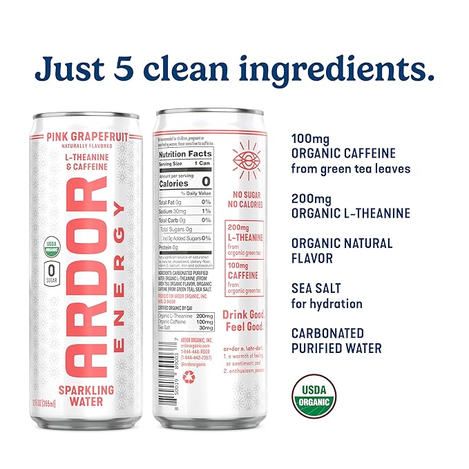 ARDOR ENERGY Sparkling Water with 100mg Natural Caffeine & 200mg L-Theanine from Organic Green Tea for Smooth Energy & Focus | Healthy Energy Drink | No Sugar, Zero Calories, Vegan, Gluten-Free | Pink Grapefruit (Pack of 12, 12oz cans)