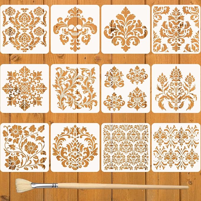 12PCS Large Mandala Stencils 12 x 12 Inch Damask Stencils for Walls Large Texture Drawing Templates with Brushes Mandala Templates for Painting on Wood Furniture Canvas Paper Fabric