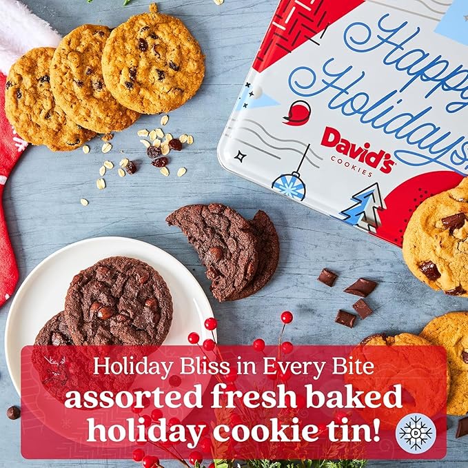 David’s Cookies Winter Wonderland Assorted Christmas Cookies Tin - Delicious Chocolate Chunk & Oatmeal Raisin Cookies - Fresh-baked and Homemade Cookies - Gourmet Holiday Food Gift Basket for Everyone