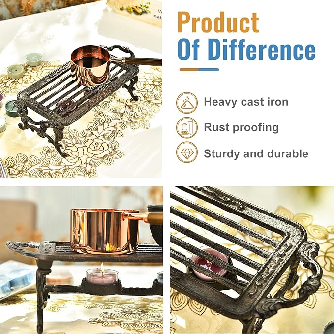 Sungmor Heavy Duty Cast Iron Teapot Dish Warmer Stable Holder for Tealight Stand | Tealight Warmer Decorative Stove for Villa Yard Balcony-Rectangle