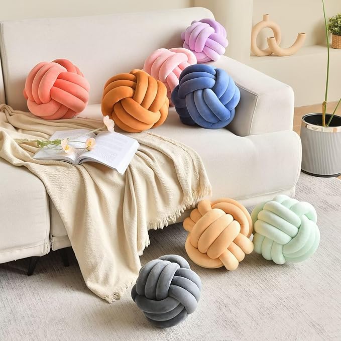 Decorative Throw Knot Pillow Ball for Home Chair Sofa Aesthetic Round Velvet Knotted Pillow Cushion (Caramel, 8inch)