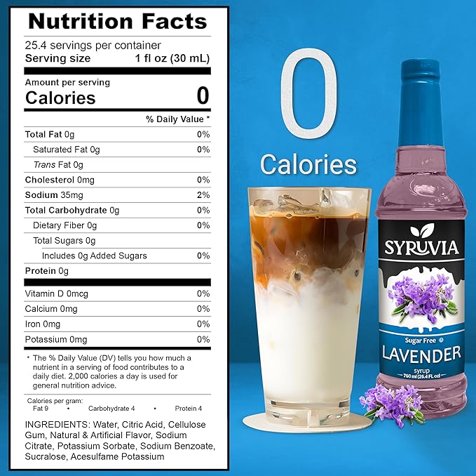 Syruvia Sugar Free Coffee Syrup, Lavender Flavored Syrup for Drinks, Lattes, and Desserts – 25.4 fl oz, With Pump