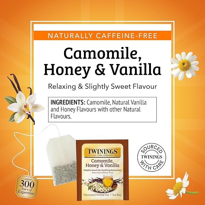 Twinings Camomile, Honey & Vanilla Herbal Tea individually Wrapped Bags, 20 Count (Pack of 1), Naturally Caffeine-Free, Enjoy Hot or Iced, 20 Teabags