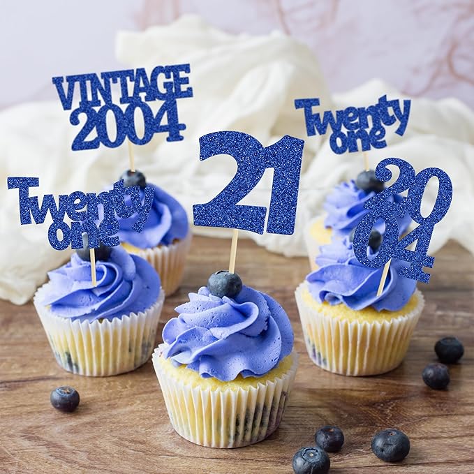 Gyufise 24Pcs 21st Birthday Cupcake Toppers Glitter Twenty-one Vintage 2004 Cheers to 21 Cupcake Picks Birthday Cake Decorations for Happy 21st Anniversary Party Supplies Deep Blue