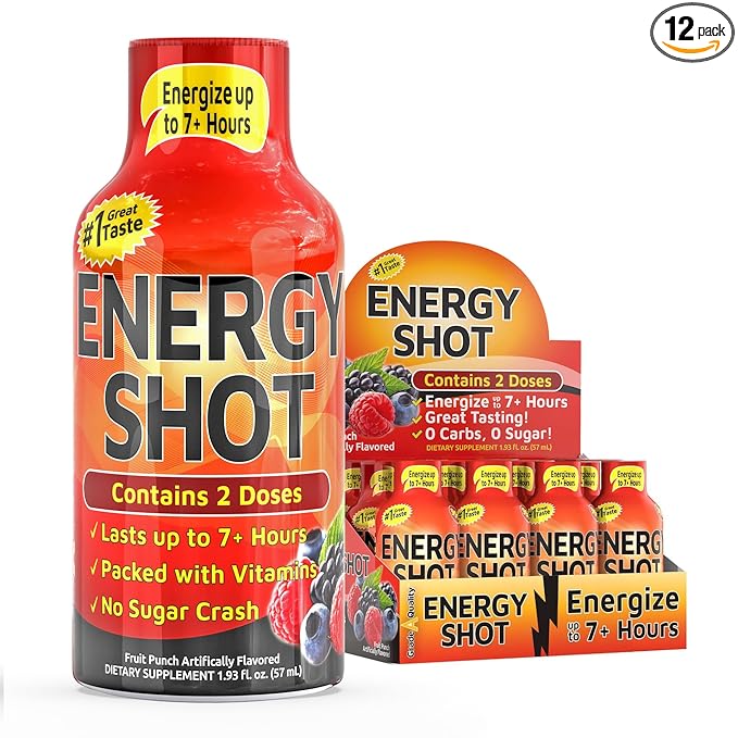 Fruit Punch Extra Strength Energy Shot 12 pk – 260mg Natural Caffeine B12 B6 – Energy & Focus Support – 2 Servings Sugar Free Zero Calorie Green Tea B-Vitamins Electrolytes Vegan – 1.93 fl oz