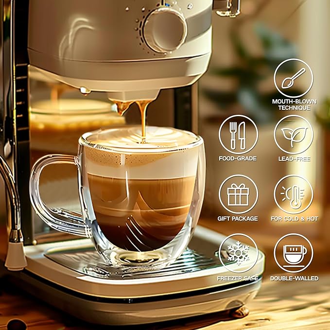 Set of 2 Double Walled Glass Coffee Mugs 6 Ounces Insulated Layer Coffee Cups with Handle Borosilicate Glass Espresso Cup for Hot Beverage,Cappuccino,Tea,Latte,Wine,Microwave Safe