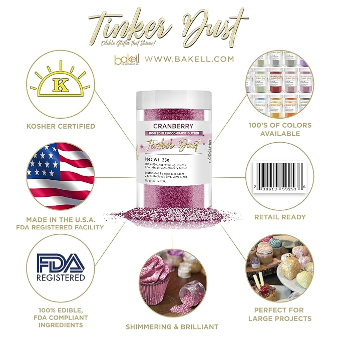 BAKELL Cranberry Edible Glitter, 25 Grams | TINKER DUST Edible Glitter | KOSHER Certified | 100% Edible Glitter | Cakes, Cupcakes, Cake Pops, Drinks, Dessert Vegan Glitter & Dusts (25g, Cranberry)