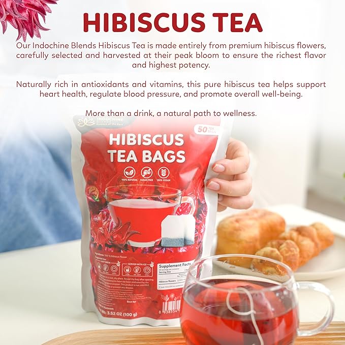 Indochine Blends Hibiscus Tea Bags | 100% Pure Hibiscus Flower | Sugar-Free, Caffeine-Free Herbal Tea | Double Chamber, Individually Wrapped Tea Bags| Rich in Natural Goodness and Flavor | 3.5 oz | 50 Tea Bags