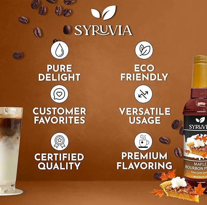 Syruvia Maple Bourbon Pecan Coffee Syrup - 25.4 fl oz - Kosher, Perfect for Drinks, Soda, Desserts, and More, Gluten Free