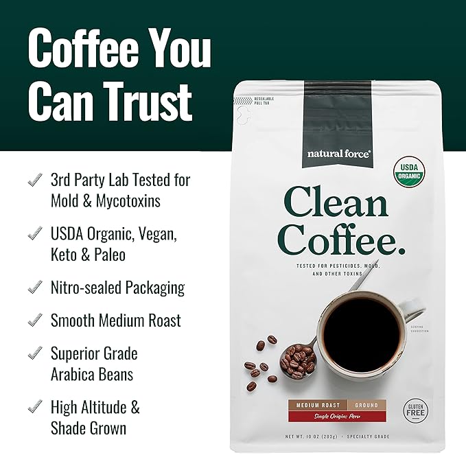 Natural Force - Organic Clean Coffee Classic, Mold & Mycotoxin Free, Lab Tested for Toxins & Purity, Low Acidity, Incredible Taste & Aroma, Ground Medium Roast, 10 oz