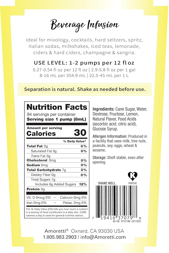 Amoretti - Limoncello Lavender Beverage Infusion, 94 Servings Per Bottle (750 ml) - Drink Mix & Water Enhancer with Pump for Flavoring Cocktails, Waters, Teas, and other Beverages, Preservative Free