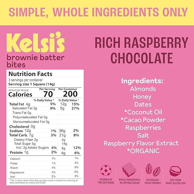 Kelsi's Brownie Batter Bites 8 x 1.5oz Dairy Free/Gluten Free Dessert/Soy Free Chocolate/Paleo Candy (Rich Raspberry Chocolate)
