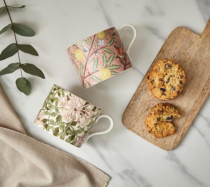 Spode Morris & Co Porcelain Mugs, Set of 2-12oz Microwave and Dishwasher Safe Tea & Coffee Cups for Kitchen Countertop or Home Brew Coffee Station, Great Gift for Mothers (Fruit & Honeysuckle)