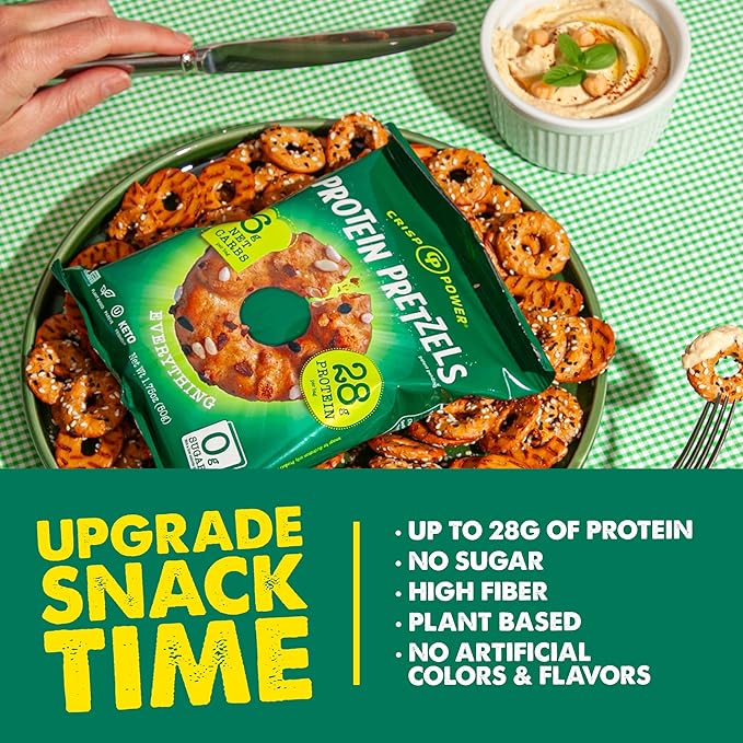 Crisp Power Protein Pretzels, Everything, High Protein Vegan Keto Snack, 28 G Plant Based Protein, Low Carb Crunchy Pretzel Snacks, No Added Sugar, No Seed Oils, 1.75 oz Bags, 6 Pack
