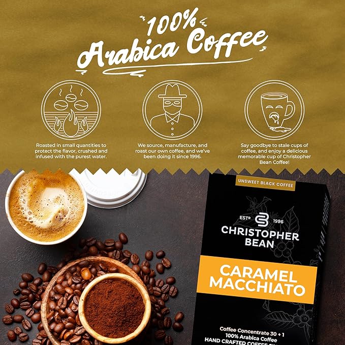 Christopher Bean Coffee - 396 servings, 30 to 1 Blend Bag in Box Liquid Instant Coffee or Cold Brew Coffee Concentrate - Hot or Iced Coffee - Caramel Macchiato