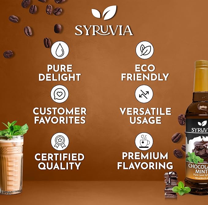 Syruvia Chocolate Mint Coffee Syrup - 25.4 fl oz - Kosher Coffee Syrups, Gluten Free, No Coloring, Perfect for Drinks, Soda, Shakes, Desserts, and More.