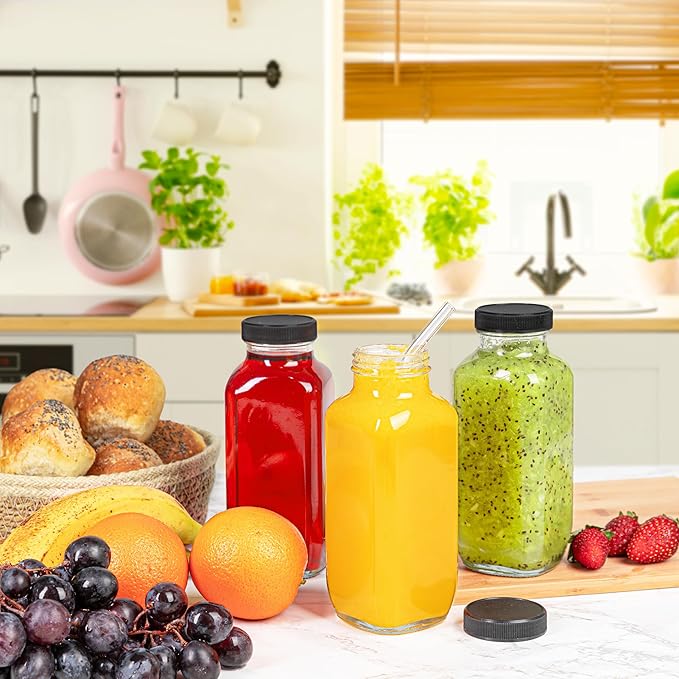 Juice Bottles with Lids, 16 Oz - Set of 3 - Clear Glass Jars with Caps - Reusable Empty Drink Containers for Juicing, Smoothies, Water, Milk, Kombucha Storage, Wellness Shots and More (3)