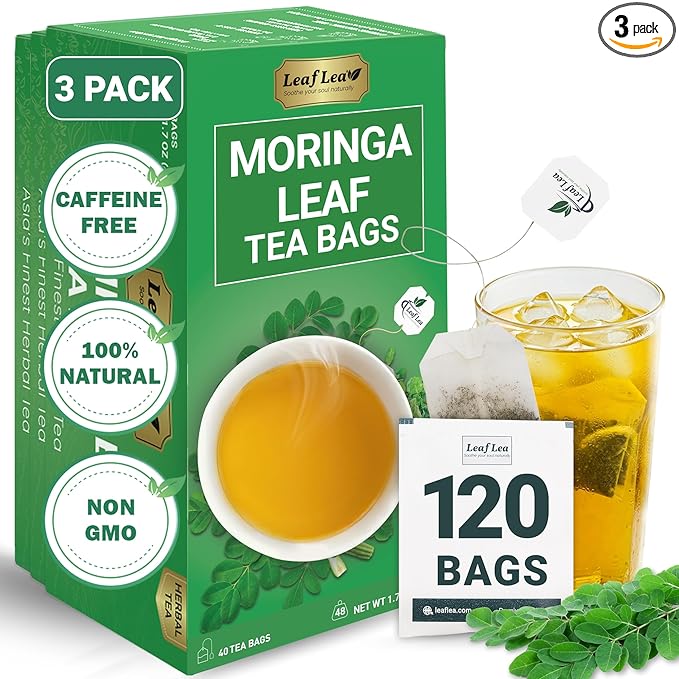 LeafLea Moringa Tea, 120 Fresh-Sealed Tea Bags, Premium Herbal Blend from 100% Natural Moringa Leaves, Supports Digestion & Immune Health, Caffeine-Free, Sugar-Free, Vegan, Non-GMO