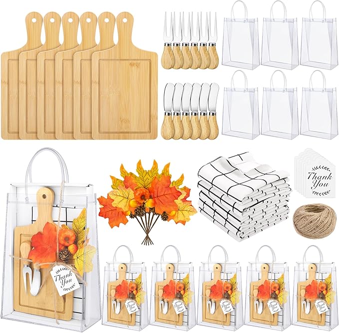 6 Sets Autumn Gifts Bridal Shower Favor 43 Pcs Wooden Square Cheese Board with Knives Forks Kitchen Towels Tags, Pre-Assembled Gifts for Fall Thanksgiving Party Supplies Winner Game Prizes