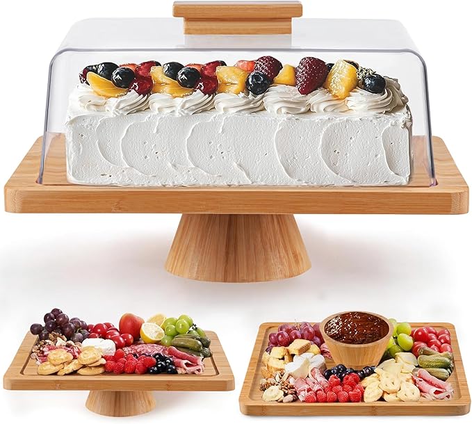 HBlife Cake Stand with Lid (16.5"), Multifunctional Cake Stand with Acrylic Dome, Rectangular Bamboo 2-in-1 Cake Plate Display Stand with Cover for Baking Gifts, Birthday Kitchen Parties, Weddings