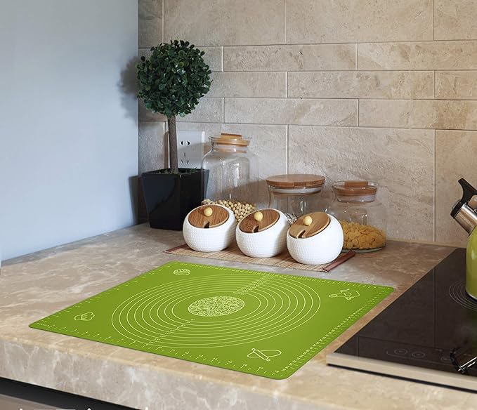 Silicone Baking Mat for Pastry Rolling Dough with Measurements, 19.7" x 15.7" BPA Free Non stick and Non Slip Green Table Sheet Baking Supplies for Bake Pizza Cake