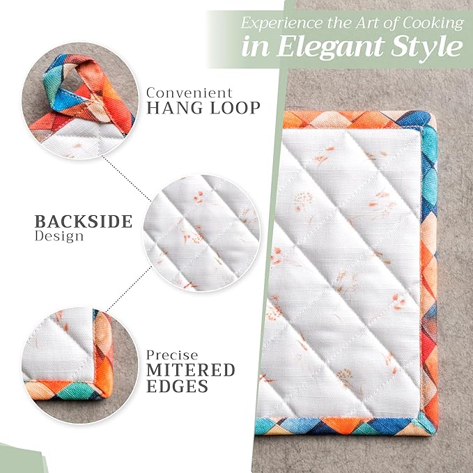 Maison d' Hermine Pot Holders Set 100% Cotton Heat Resistant Potholders 8" x 8" Hot Pads with Loop BBQ, Cooking, Baking, Grilling, Kitchen, Handling Hot Pans (Pack of 2, Faisan D'Automne)