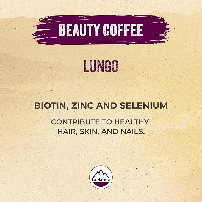 La Natura Lifestyle Beauty Coffee Pods - Lungo Roast European-Style with Biotin, Zinc & Selenium for Hair, Skin & Nails Health - Compostable Nespresso Original Line Compatible Capsules - Pack of 60