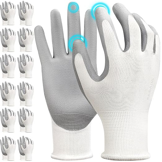 Kebada W1 Work Gloves for Men and Women, 12 Pairs Touchscreen Safety Gloves with Grip, PU-Coated, Ideal for Light & Medium Duty Tasks, White, XX-Large