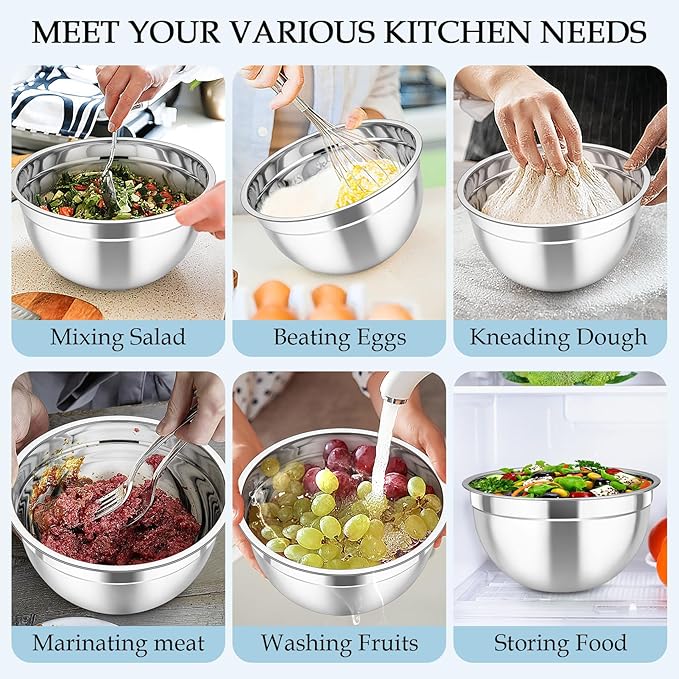 TeamFar Mixing Bowls, Stainless Steel Nesting Salad Bowls with Lids Set of 3 & 3 Grater Attachments, For Mixing/Serving/Storing, Non-toxic & Long-lasting, Size 4.6/3 / 1.5 QT, Black