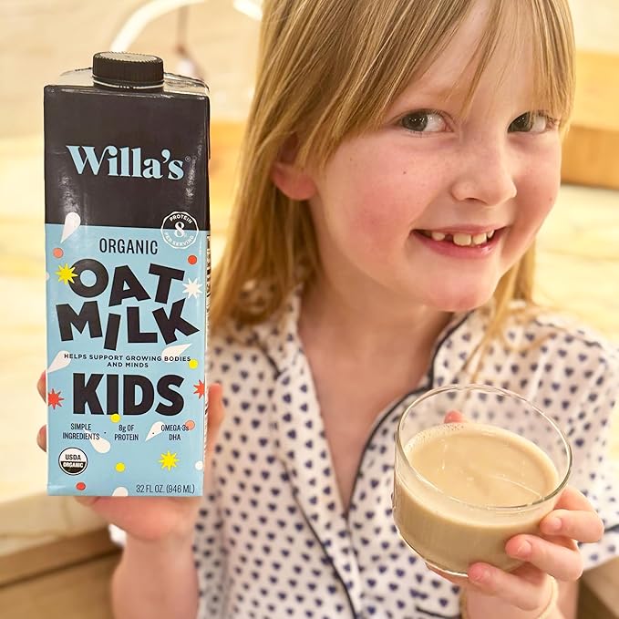 Willa's Organic Kid's Oat Milk Unsweetened with 8g Protein & 240g Calcium, Plant-Based Milk for Kids, Dairy-Free, Low Sugar, 2g Fiber – 32 oz, 6 Pack