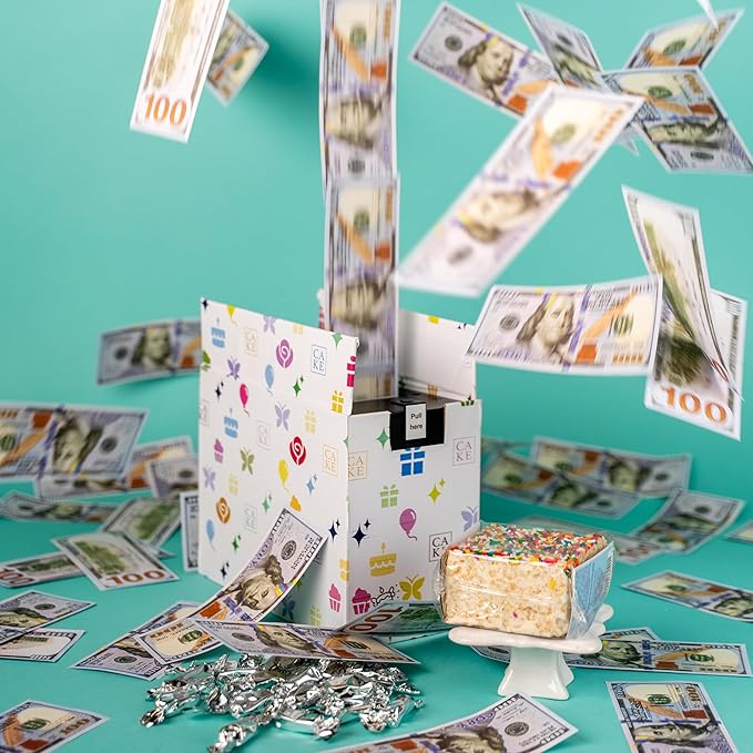 Celebration Billionaire Box by Send A Cake, Ready to Gift, No Assembly Required with Music, Sweet Caramels & Delicious 3" Rainbow Sprinkle Crispy Cake - Gift for Women, Men, Sister, Mom, Dad, Best Friend, Adults, Kids