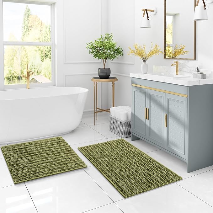 Arotive Luxury Chenille Bathroom Rug Mat, Extra Soft Thick Absorbent Shaggy Bath Rugs, Non-Slip Machine Wash Dry, Plush Bath Mats for Bathroom, Shower and Tub, 36x24, Willow Green