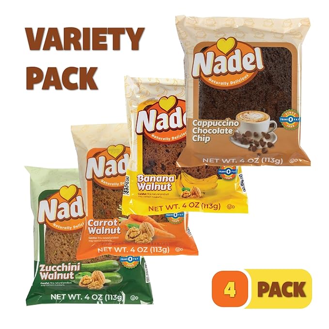 Nadel - Naturally Delicious Sweet Breads Variety Pack (Banana Walnut, Cappuccino Chocolate Chip, Carrot Walnut, Zucchini Walnut). (4 Pack, 1 Bread Per Flavor)