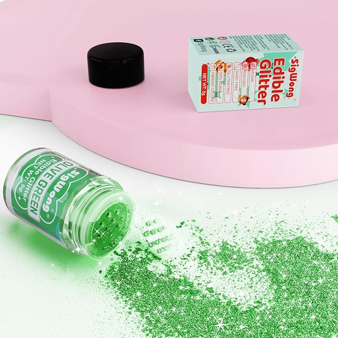 Olive Green Edible Glitter - 5g Food Grade Cake Decorating Shimmering Glitter, Edible Sprinkle Luster Dust for Drinks, Chocolates, Fondant, Strawberries, Cupcakes, Candy, Cookie - Vegan