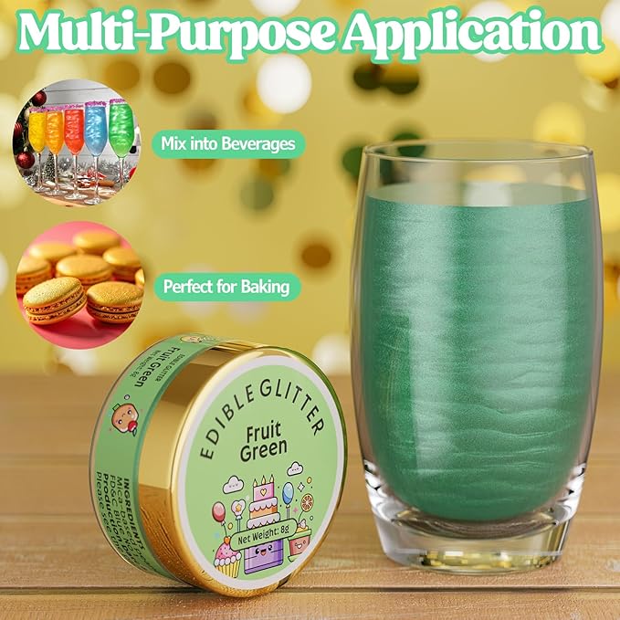 Nomeca Edible Glitter for Drinks Cakes, 8 grams Food Grade Luster Dust Sprinkles Glitter for Cake Decorations, DIY Cocktails, Beverages & Cake Decorating, Dessert Cake Topper (11-Fruit Green)