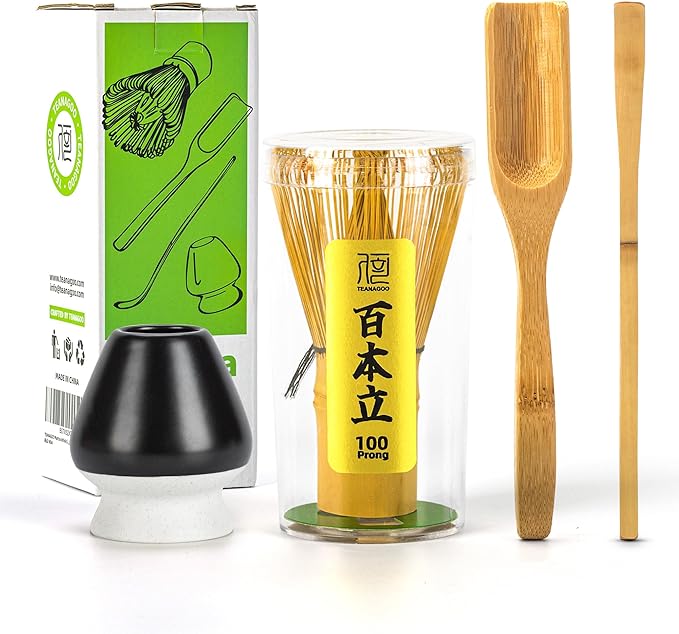 TEANAGOO Matcha Whisk Set, Bamboo Matcha Whisk (Chasen), 4 Pcs Traditional Starter Matcha Set, Scoop (Chashaku) Tea Spoon Whisk Holder, Matcha Accessory, Bamboo Whisk For Matcha Tea (100prongs)